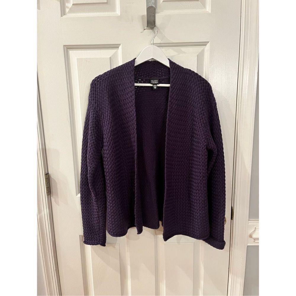 Eileen Fisher Navy Soft Italian Wool Basket Weave Open Front Cardigan sz M EUC